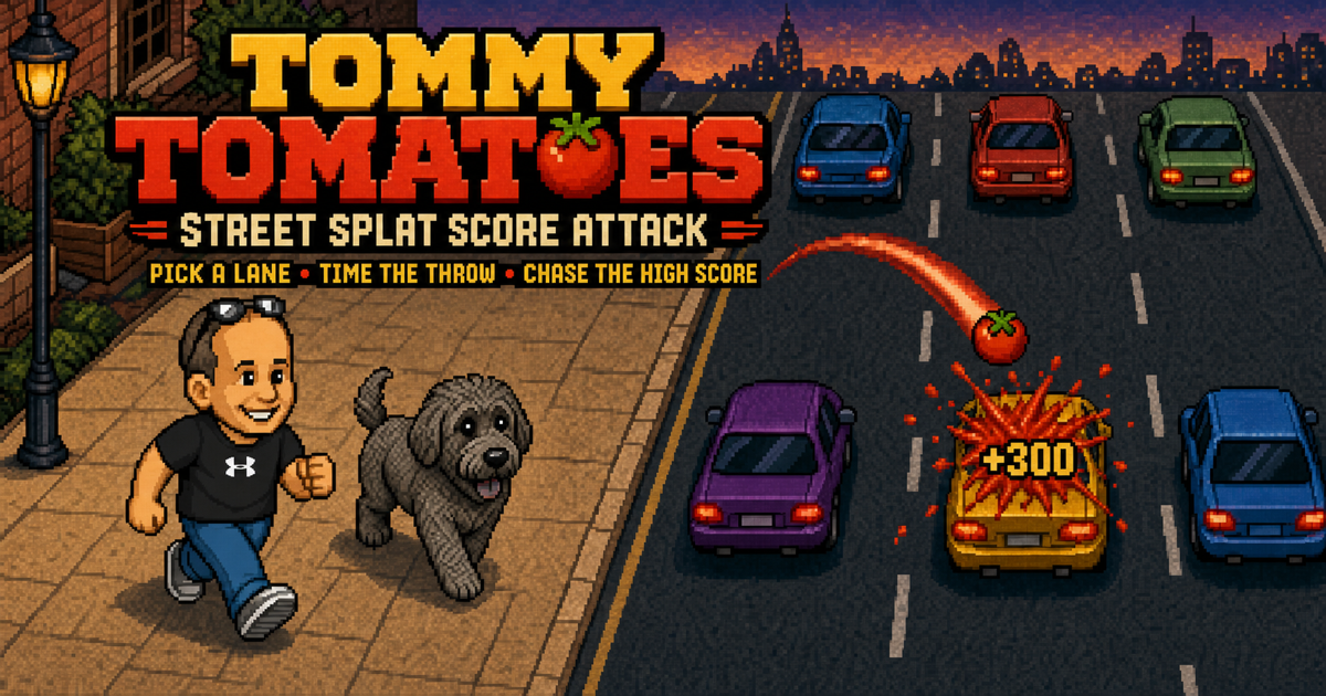 Tommy and Gunner walking beside a busy street as a tomato splats a passing car